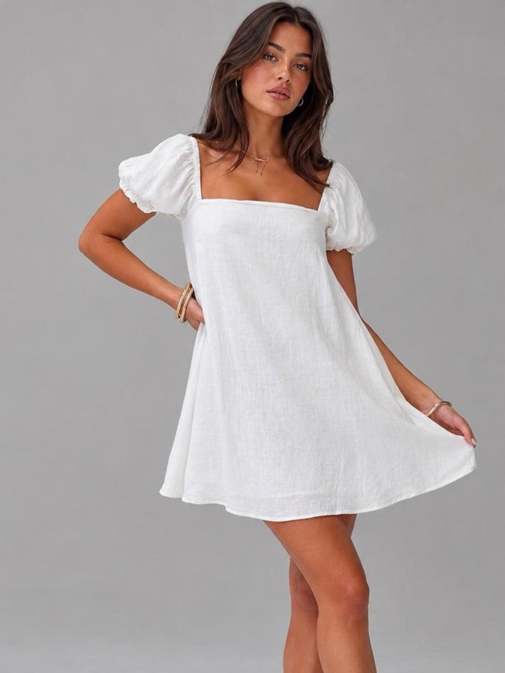 Princess Polly White Square Neck Puff Sleeve Mini Dress